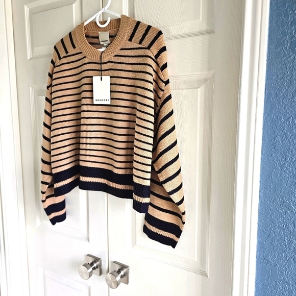 New INDUSTRY REPUBLIC CLOTHING Saddle Stripe Crewneck Sweater XL Khaki/Navy - Picture 7 of 14